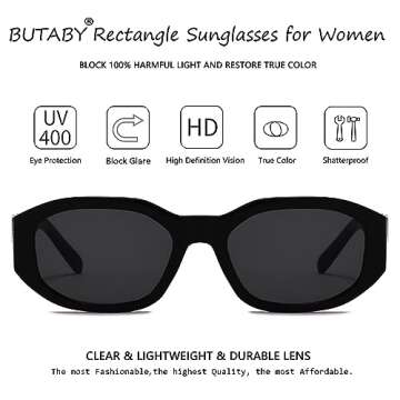 BUTABY Rectangle Sunglasses for Women Retro Driving Glasses 90’s Vintage Fashion Irregular Frame UV400 Protection Black