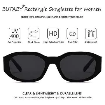 BUTABY Rectangle Sunglasses for Women Retro Driving Glasses 90’s Vintage Fashion Irregular Frame UV400 Protection Black