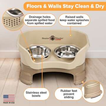 Neater Feeder Deluxe Mess Proof Dog Bowls Elevated for Small Breeds – Made in USA – No Spill Raised Dog Food Bowl Stand w/Leg Extensions – Stainless Steel Dog Food and Water Bowl Set – Beige