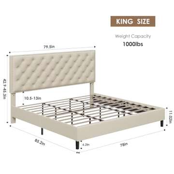 HOSTACK King Size Bed Frame, Modern Upholstered Platform Bed with Adjustable Headboard, Heavy Duty B...
