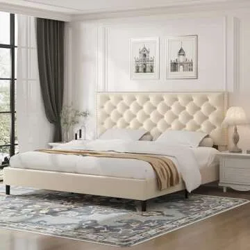 HOSTACK King Size Bed Frame, Modern Upholstered Platform Bed with Adjustable Headboard, Heavy Duty Button Tufted Bed Frame with Wood Slat Support, Easy Assembly, No Box Spring Needed(Beige)