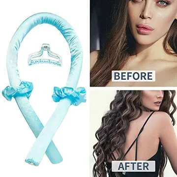 Heatless Curling Rod Headband No Heat Silk Ribbon Curling Rod Hair Roller Curls with Hair Claw Clip Lazy Natural Soft Wave DIY Hair Rollers Styling Tool for Sleep in Overnight (Blue)