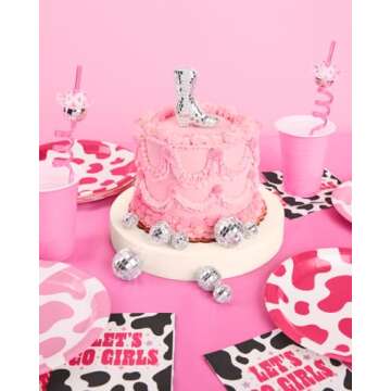 xo, Fetti Disco Ball and Cowgirl Boot Cake Topper - 5 pieces | Disco Bachelorette, Rodeo Birthday Party, Space Cowboy Supplies, 70s Groovy Cake Decoration, Western Baby Shower Cupcake Decor