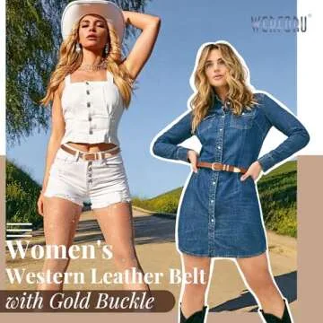 WERFORU Women Leather Belt Fashion Leather Waist Belt for Pants Jean Ladies Western Thin Belt with Gold/Silver Buckle （Fit Waist Size 45"-49",Brown-Gold Buckle
