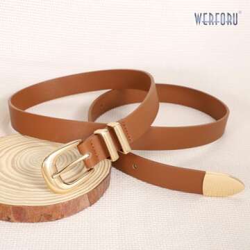 WERFORU Women Leather Belt Fashion Leather Waist Belt for Pants Jean Ladies Western Thin Belt with Gold/Silver Buckle （Fit Waist Size 45"-49",Brown-Gold Buckle