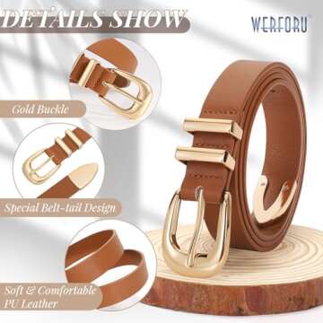 WERFORU Women Leather Belt Fashion Leather Waist Belt for Pants Jean Ladies Western Thin Belt with Gold/Silver Buckle （Fit Waist Size 45"-49",Brown-Gold Buckle
