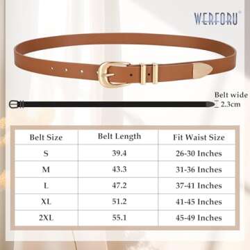 WERFORU Women Leather Belt Fashion Leather Waist Belt for Pants Jean Ladies Western Thin Belt with Gold/Silver Buckle （Fit Waist Size 45"-49",Brown-Gold Buckle