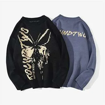 MOMEITU Hip Hop Knit Men's and Women's Sweater Harajuku Butterfly Loose Top Casual Streetwear Pullov...