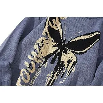 MOMEITU Hip Hop Knit Men's and Women's Sweater Harajuku Butterfly Loose Top Casual Streetwear Pullover Sweater(M,Blue)