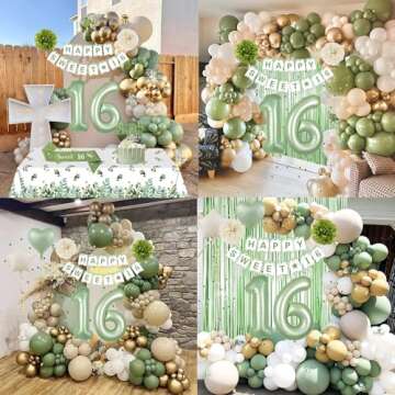 Sweet 16 Party Decorations, Sage Green 16th Birthday Decorations for Girls Sweet 16 Birthday Banner Green Gold Balloons Crown Sash Fringe Curtain Tablecloth Cake Topper for Girls 16th Birthday Decor