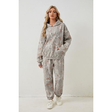 Eutten Camo Sweatsuits for Women Set 2 Piece Camo Hoodies Maple Leaf Print Oversized Sweatshirt Lounge Sets Fall Outfits