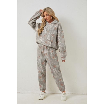 Eutten Camo Sweatsuits for Women Set 2 Piece Camo Hoodies Maple Leaf Print Oversized Sweatshirt Lounge Sets Fall Outfits