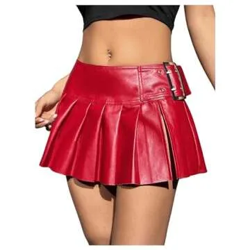 Floerns Women's Metallic Mini Skirt Low Rise Buckle Detail Zipper Slit Short Pleated Skirt Red X-Small