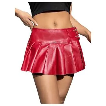 Floerns Women's Metallic Mini Skirt Low Rise Buckle Detail Zipper Slit Short Pleated Skirt Red X-Small
