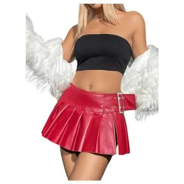 Floerns Women's Metallic Mini Skirt Low Rise Buckle Detail Zipper Slit Short Pleated Skirt Red X-Small