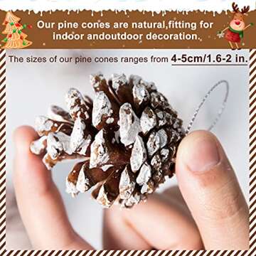 Whaline 25Pcs Christmas Natural Pine Cones Bulk Rustic Snow Pinecones with String Pine Cone Pendant ...