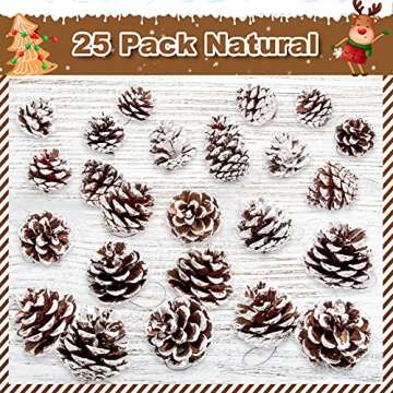 Whaline 25Pcs Christmas Natural Pine Cones Bulk Rustic Snow Pinecones with String Pine Cone Pendant Winter Holiday Hanging Ornament for Xmas Tree Gift Tag Party Decoration, 1.6-2 Inch