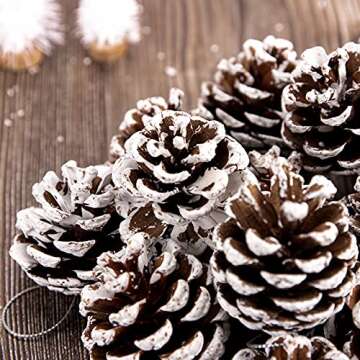 Whaline 25Pcs Christmas Natural Pine Cones Bulk Rustic Snow Pinecones with String Pine Cone Pendant Winter Holiday Hanging Ornament for Xmas Tree Gift Tag Party Decoration, 1.6-2 Inch