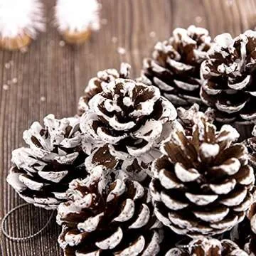 Whaline 25Pcs Christmas Natural Pine Cones Bulk Rustic Snow Pinecones with String Pine Cone Pendant Winter Holiday Hanging Ornament for Xmas Tree Gift Tag Party Decoration, 1.6-2 Inch
