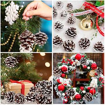 Whaline 25Pcs Christmas Natural Pine Cones Bulk Rustic Snow Pinecones with String Pine Cone Pendant Winter Holiday Hanging Ornament for Xmas Tree Gift Tag Party Decoration, 1.6-2 Inch