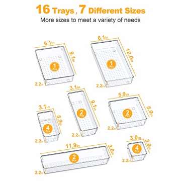 SMARTAKE 16-Piece Drawer Organizers, Plastic Refrigerator Organizer, 7 Sizes Desk Drawer Dividers wi...