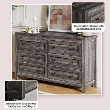 LUXOAK Farmhouse 6 Drawers Dresser, Wood Rustic Chest of Drawers for Bedroom, Closet Storage Dressers Organizer, 6 Drawers Chest for Living Room, Hallway, Grey