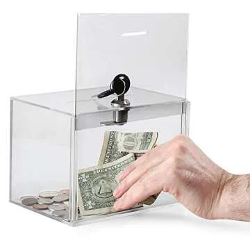 Acrylic Charity Donation Ballot Box Fundraising Coin Collection Tip Box 6.5" x 5" x 5" Office Suggestion Box Piggy Bank Ticket Box with Large 8.5" x 6.5" Display Area with Lock and Keys