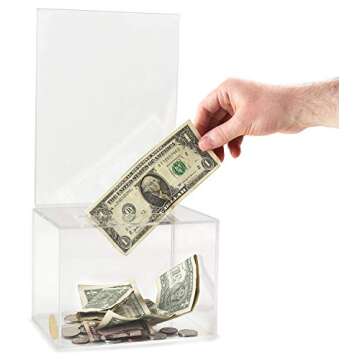 Acrylic Charity Donation Ballot Box Fundraising Coin Collection Tip Box 6.5" x 5" x 5" Office Suggestion Box Piggy Bank Ticket Box with Large 8.5" x 6.5" Display Area with Lock and Keys