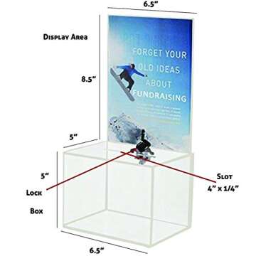 Acrylic Charity Donation Ballot Box Fundraising Coin Collection Tip Box 6.5" x 5" x 5" Office Suggestion Box Piggy Bank Ticket Box with Large 8.5" x 6.5" Display Area with Lock and Keys