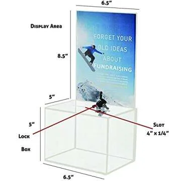 Acrylic Charity Donation Ballot Box Fundraising Coin Collection Tip Box 6.5" x 5" x 5" Office Suggestion Box Piggy Bank Ticket Box with Large 8.5" x 6.5" Display Area with Lock and Keys