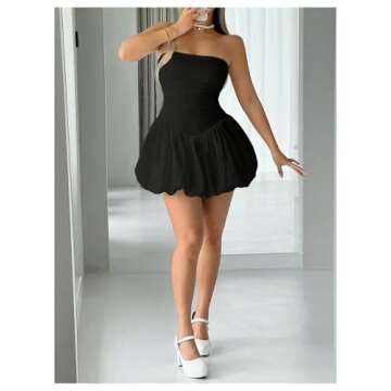 GORGLITTER Women's Strapless Bubble Skirt Dress Sexy Backless Ruched Ruffle Hem Mini Tube Dress