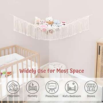 Mkono Stuffed Animal Hammock Corner Macrame Toy Storage Organizer with Lights and Tassels Boho Hangi...