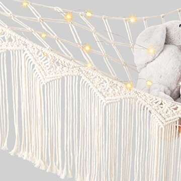 Mkono Stuffed Animal Hammock Corner Macrame Toy Storage Organizer with Lights and Tassels Boho Hanging Stuff Animals Net Large Capability Toys Display Holder for Nursery Kid Room Playroom, 1 piece