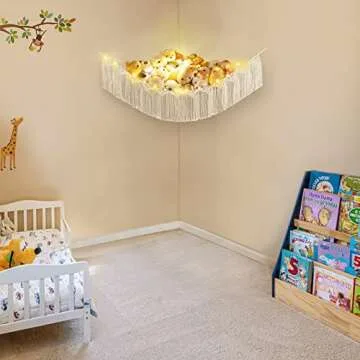 Mkono Stuffed Animal Hammock Corner Macrame Toy Storage Organizer with Lights and Tassels Boho Hanging Stuff Animals Net Large Capability Toys Display Holder for Nursery Kid Room Playroom, 1 piece