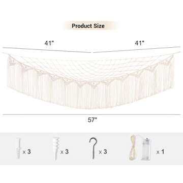 Mkono Stuffed Animal Hammock Corner Macrame Toy Storage Organizer with Lights and Tassels Boho Hanging Stuff Animals Net Large Capability Toys Display Holder for Nursery Kid Room Playroom, 1 piece