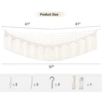 Mkono Stuffed Animal Hammock Corner Macrame Toy Storage Organizer with Lights and Tassels Boho Hanging Stuff Animals Net Large Capability Toys Display Holder for Nursery Kid Room Playroom, 1 piece