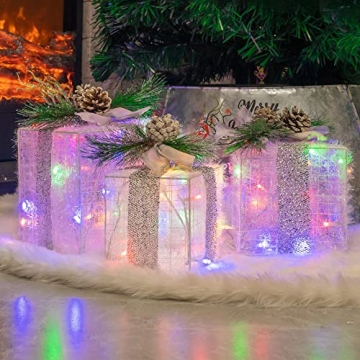 FUNPENY Set of 3 Christmas Lighted Gift Boxes, Plug in 60 LED Light Up Tinsel Present Box Decoration...