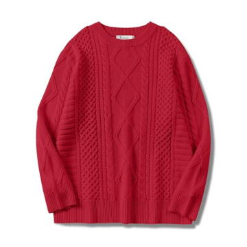 ANRABESS Oversized Crewneck Long Sleeve Cable Knit Pullover - Vintage Red