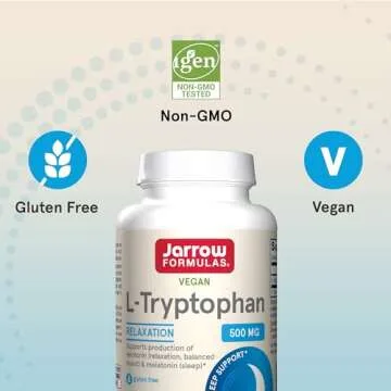 Jarrow Formulas® L-Tryptophan, 500 mg Dietary Supplement for Stress, Sleep, and Mood Support, 60 Capsules, 60 Day Supply