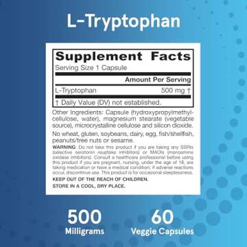 Jarrow Formulas® L-Tryptophan, 500 mg Dietary Supplement for Stress, Sleep, and Mood Support, 60 Capsules, 60 Day Supply