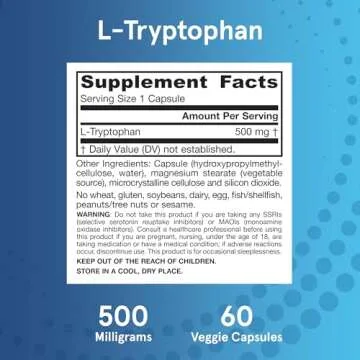 Jarrow Formulas® L-Tryptophan, 500 mg Dietary Supplement for Stress, Sleep, and Mood Support, 60 Capsules, 60 Day Supply