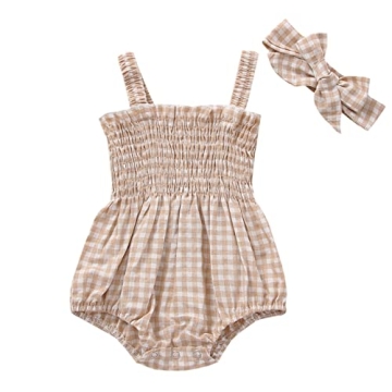 Adorable Infant Baby Girl Summer Outfit with Romper & Headband in Khaki