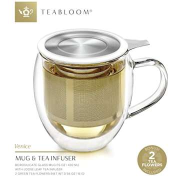 Teabloom Stay-Hot Heatproof Glass Mug with Loose Tea Infuser and Lid – 15 oz /430 mL – 2 Blooming Teas Included