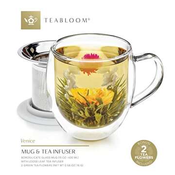 Teabloom Stay-Hot Heatproof Glass Mug with Loose Tea Infuser and Lid – 15 oz /430 mL – 2 Blooming Teas Included
