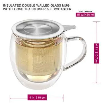Teabloom Stay-Hot Heatproof Glass Mug with Loose Tea Infuser and Lid – 15 oz /430 mL – 2 Blooming Teas Included