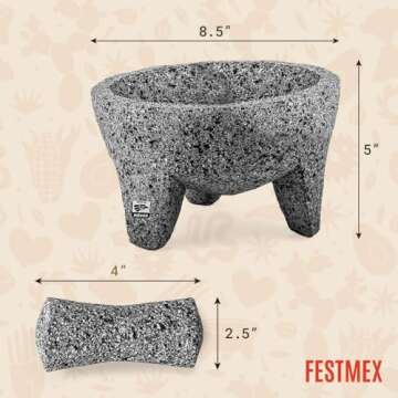 Genuine Handmade Mexican Mortar and Pestle, Molcajete Mexicano de Piedra Natural Volcanica, Heavy St...