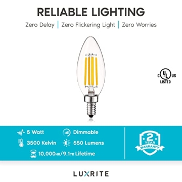 LUXRITE Vintage Candelabra LED Bulbs 550 Lumens Dimmable