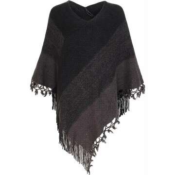 Stylish Women's Striped Poncho with Tassels - Cozy Knit Shawl & Cape