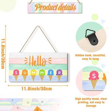 Hello Summer Door Sign Ice Cream Summer Decor Sign Beach Hanging Door Signs for Home Farmhouse Summer Home Decorations with Rope Colorful Summer Wall Decor for Wall Front Porch, 12 x 6 x 0.2 Inch