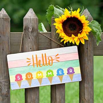 Hello Summer Door Sign Ice Cream Summer Decor Sign Beach Hanging Door Signs for Home Farmhouse Summer Home Decorations with Rope Colorful Summer Wall Decor for Wall Front Porch, 12 x 6 x 0.2 Inch